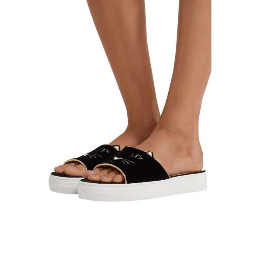 Charlotte Olympia Velvet Kitty Platform Slides Black 39/US 8
